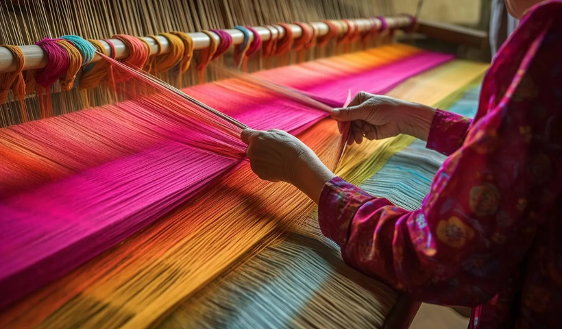 Indian handloom artisans weaving traditional textiles, highlighting the export potential and global opportunities for India's handloom industry.
