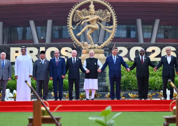 World leaders attending the BRICS Summit 2026 in New Delhi, including Prime Minister Narendra Modi alongside heads of state and government from BRICS member and partner countries.