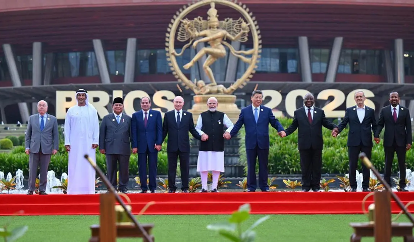 World leaders attending the BRICS Summit 2026 in New Delhi, including Prime Minister Narendra Modi alongside heads of state and government from BRICS member and partner countries.