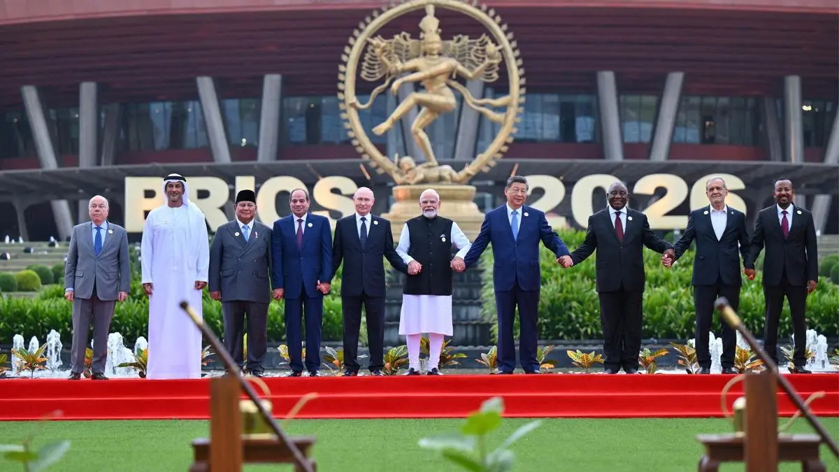 World leaders attending the BRICS Summit 2026 in New Delhi, including Prime Minister Narendra Modi alongside heads of state and government from BRICS member and partner countries.